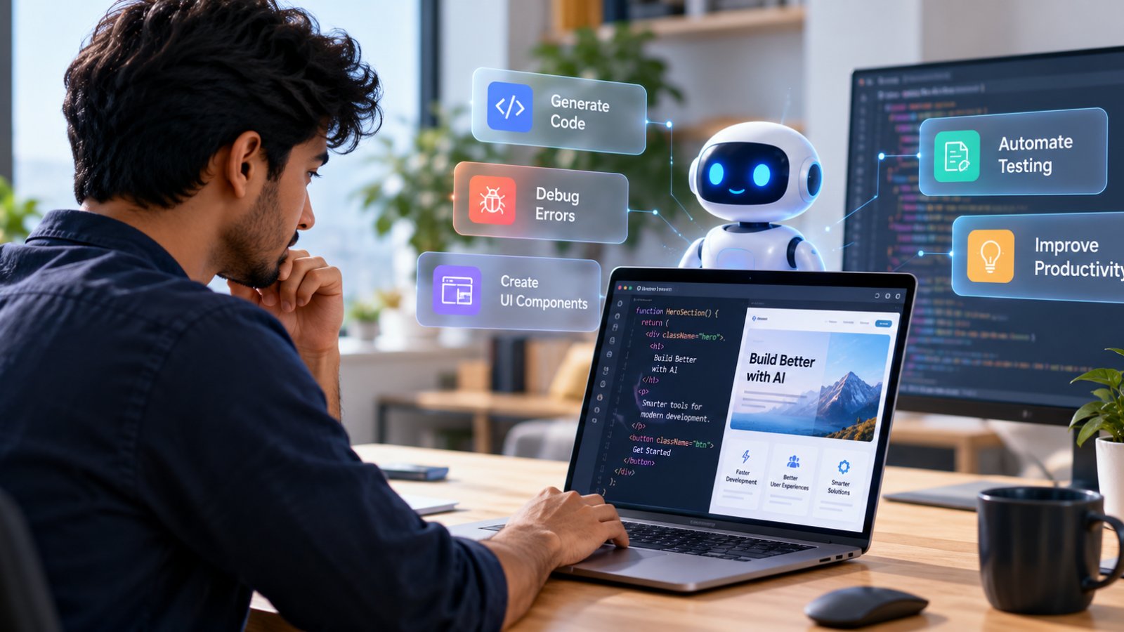 How AI is transforming frontend and software development through intelligent coding assistants, automated testing, code generation, and modern development workflows.